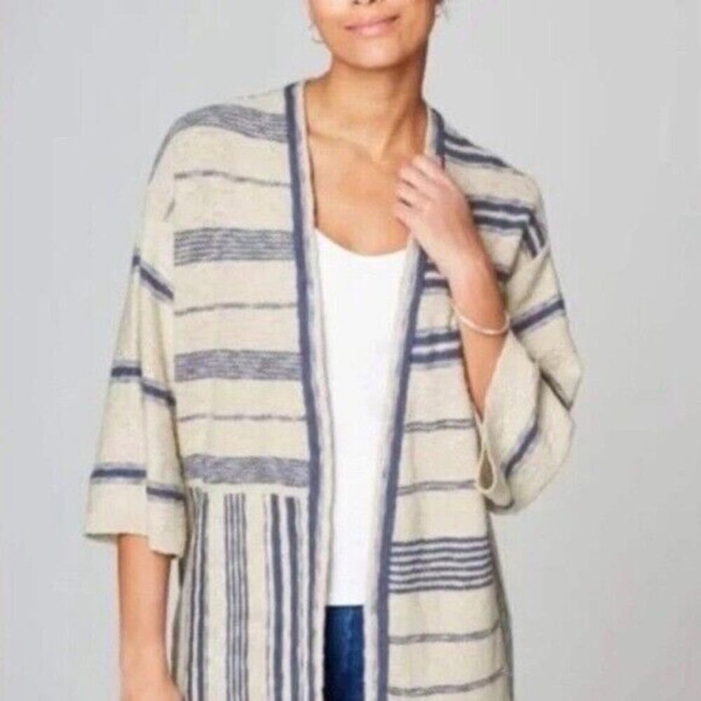 J. Jill Pure Jill Petite Open Front Striped Drop Sleeve Cardigan Sweater Boho Lg
